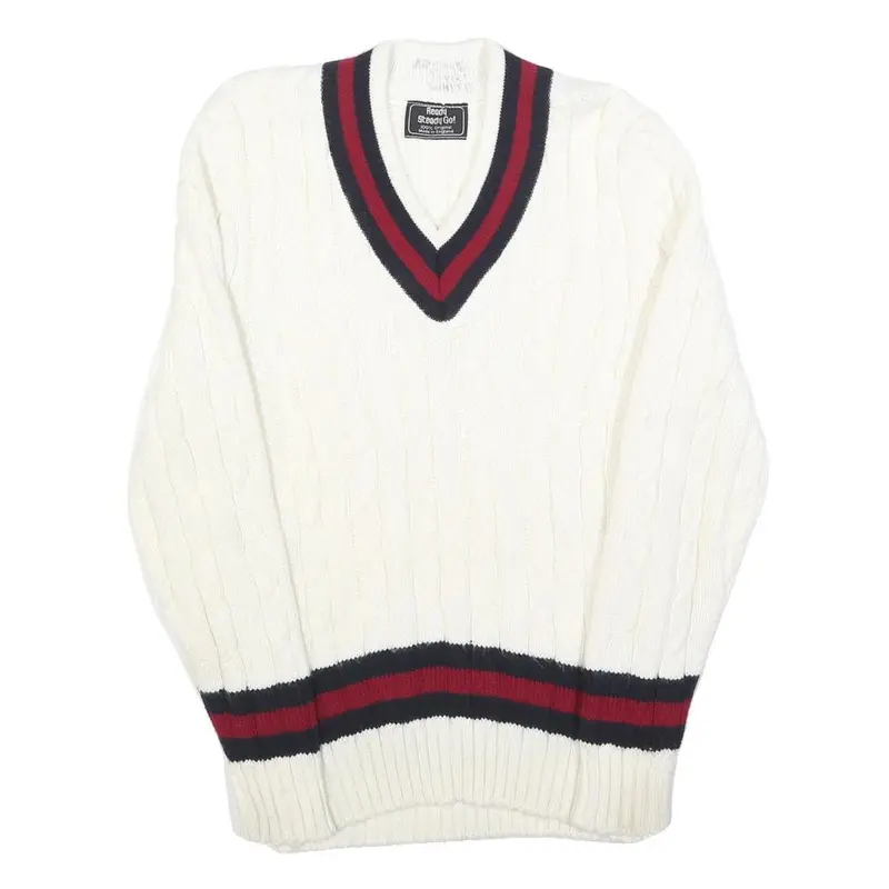 Reday Steady Go Womens White Navy & Red Patterned Jumper V-Neck Cable Knit S 1