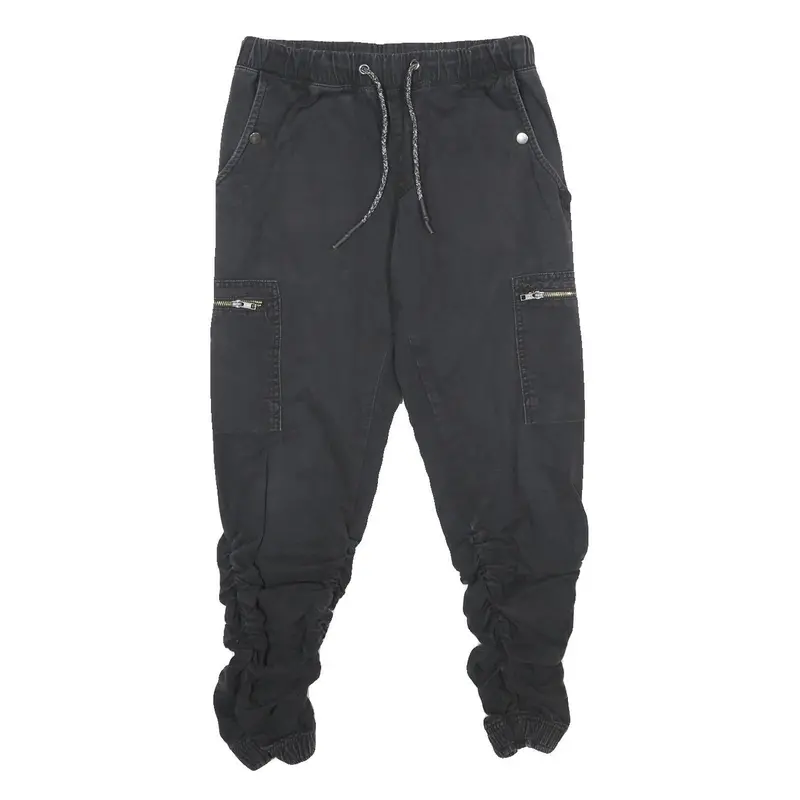 Redefined Rebel Mens Regular Black Cargo Drawstring Trousers W28 L28 Ruched Leg 1