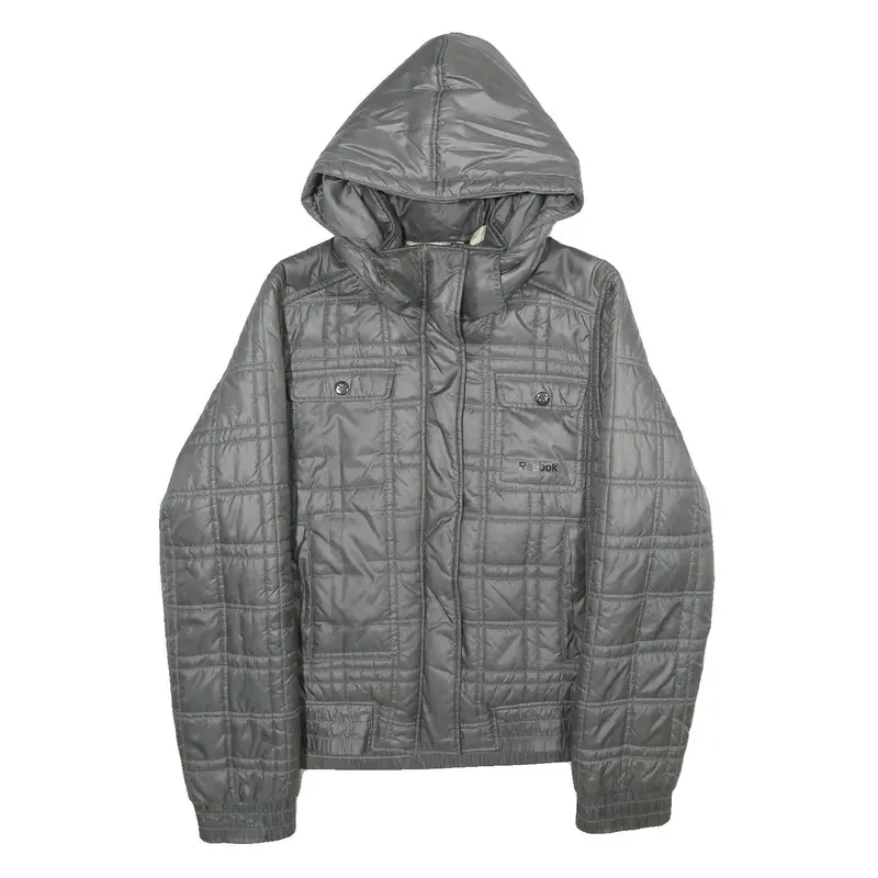 Reebok Womens Grey Hooded Zip Jacket L Polyester Quilted Casual Outerwear 1