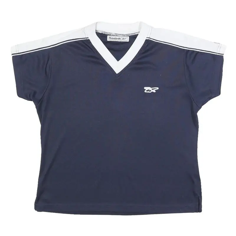 Reebok Womens Navy Blue & White V-Neck Short Sleeve T-Shirt M Sportswear 1