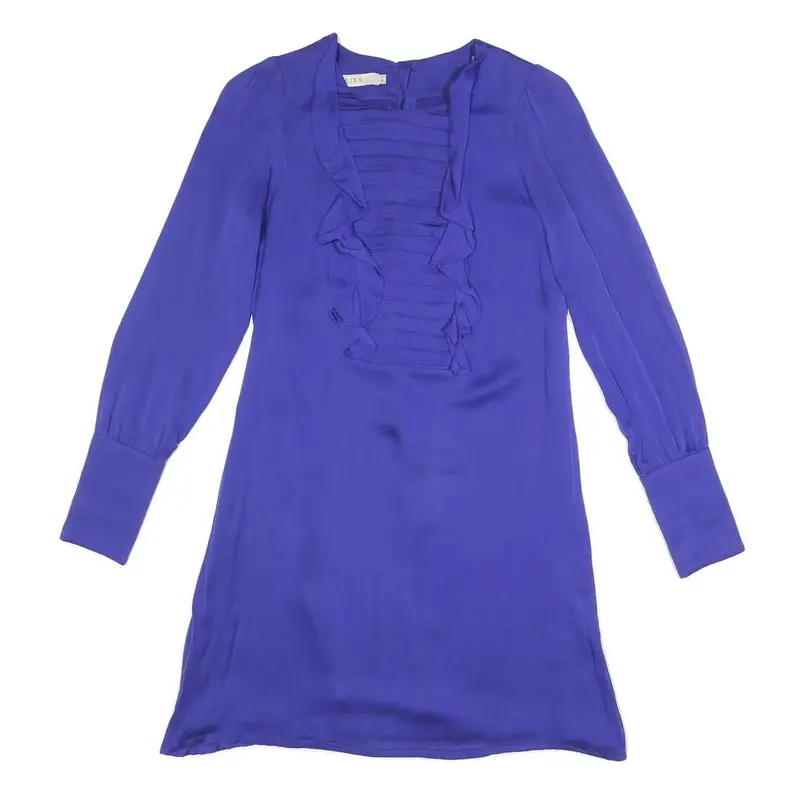 Reiss Womens Blue Silk Day Dress V-Neck Long Sleeve Uk 6 Elegant Ruffle Detail 1