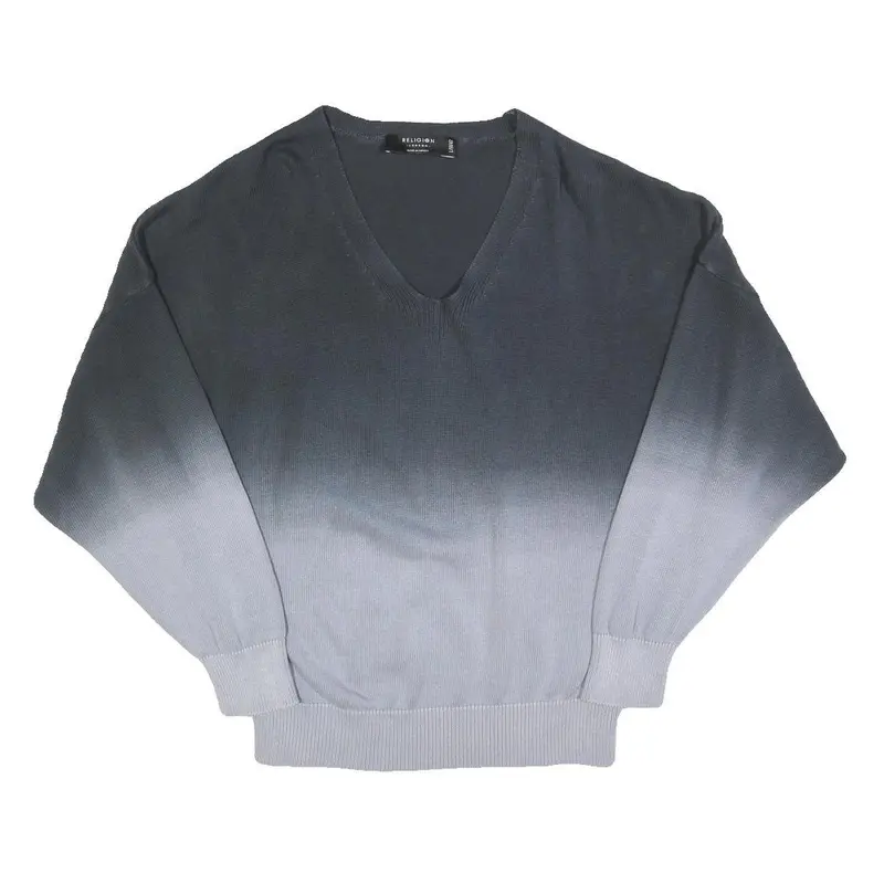 Religion Womens Blue Ombre Plain V-Neck Basic Knit Jumper L Cotton Pullover 1