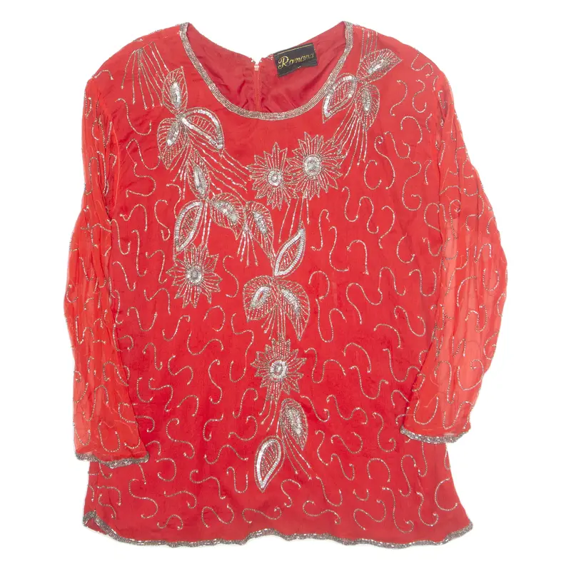 Remana Womens Printed Blouse Red Long Sleeve Faux Silk S 1