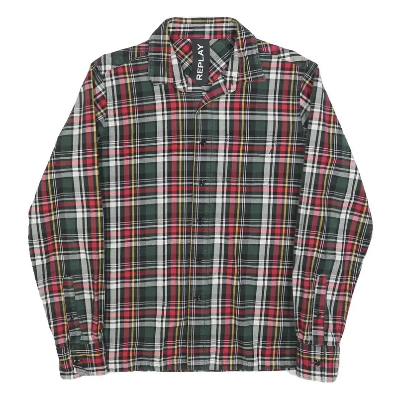 Replay Mens Green & Red Check Shirt M Cotton Blend Long Sleeve Casual 1