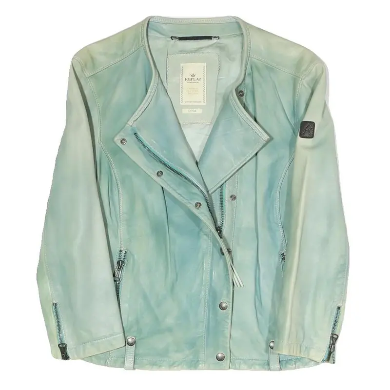 Replay Womens Blue Leather Biker Jacket L Zip Fastening Stylish Casual 1