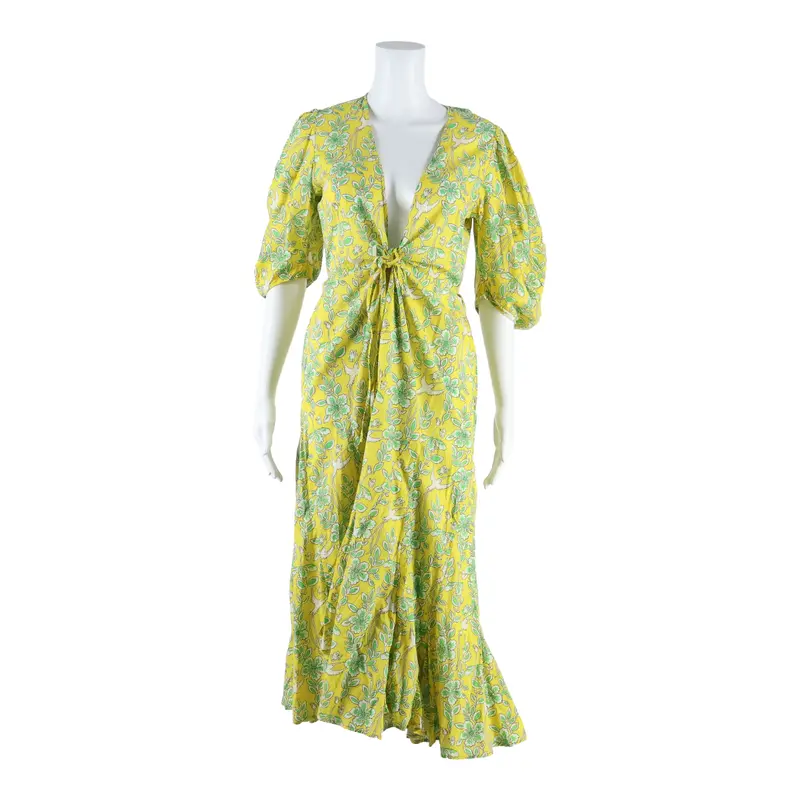 Rhode Birds Womens Wrap Dress Yellow Floral Short Sleeve Long Xs 1