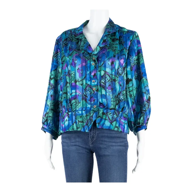 Rio Womens Blouse Shirt Blue Collared Long Sleeve Crazy Pattern S 1