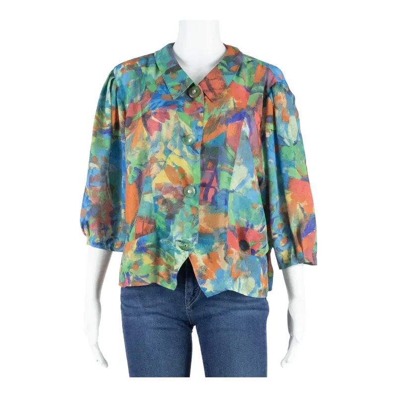 Rio Womens Printed Blouse Green 3/4 Sleeve Crazy Pattern L 1