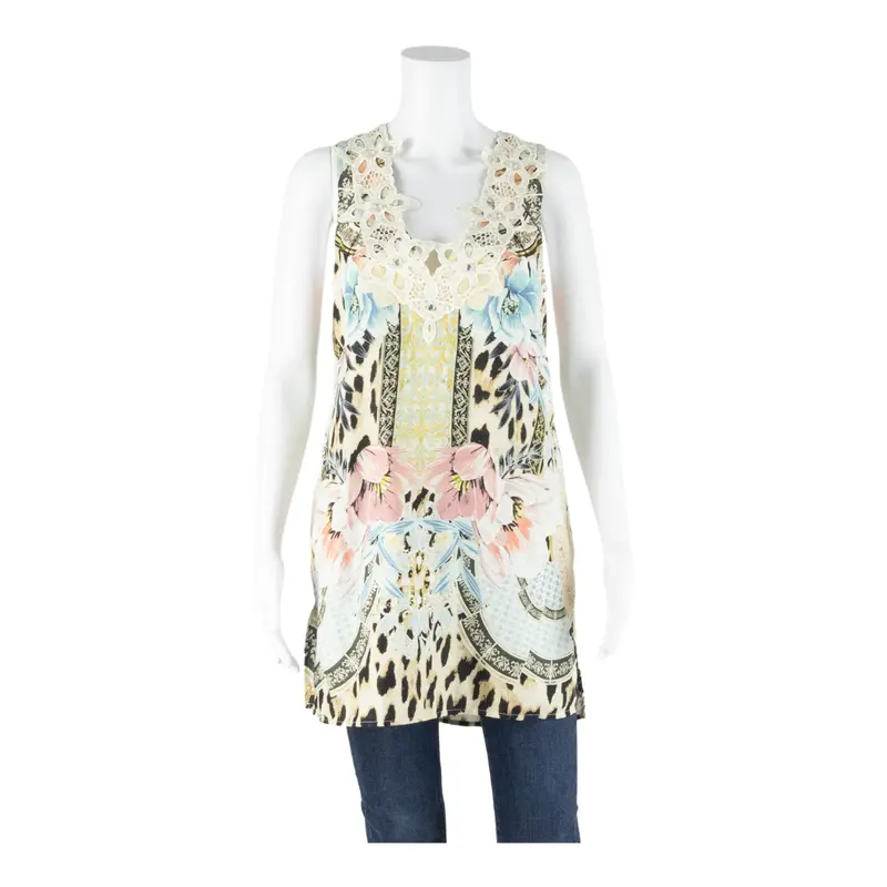 River Island Oversized Womens Printed Vest Beige Sleeveless Crazy Pattern S 1