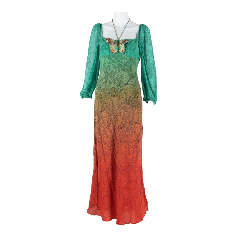 Rixo Butterfly Womens Day Dress Green Silk Crazy Pattern Long Xs 1
