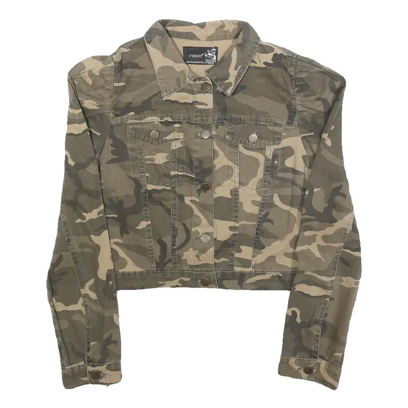 Robin Womens Beige & Green Camouflage Button Jacket Uk 10 Cotton Blend Cropped 1