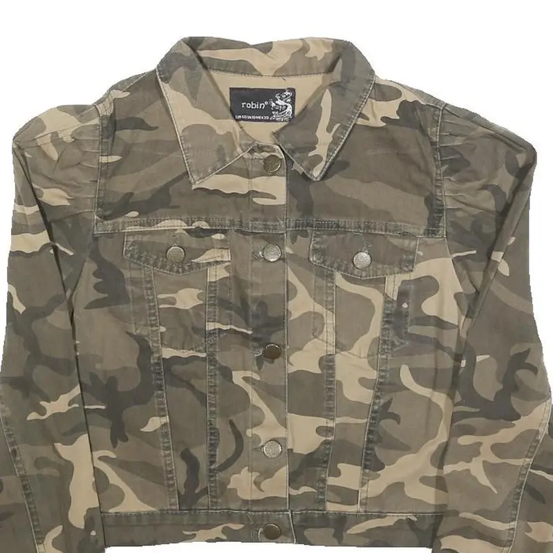 Robin Womens Beige & Green Camouflage Button Jacket Uk 10 Cotton Blend Cropped 2