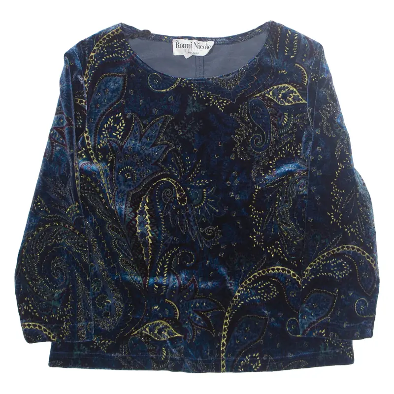 Ronni Nicole Petite Womens Printed Blouse Blue 90S Silk Crazy Pattern M 1