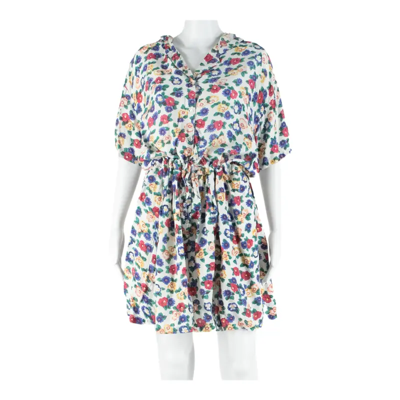 Rose Wood Hooded Womens Day Dress White Floral Short Sleeve Knee Length M 1