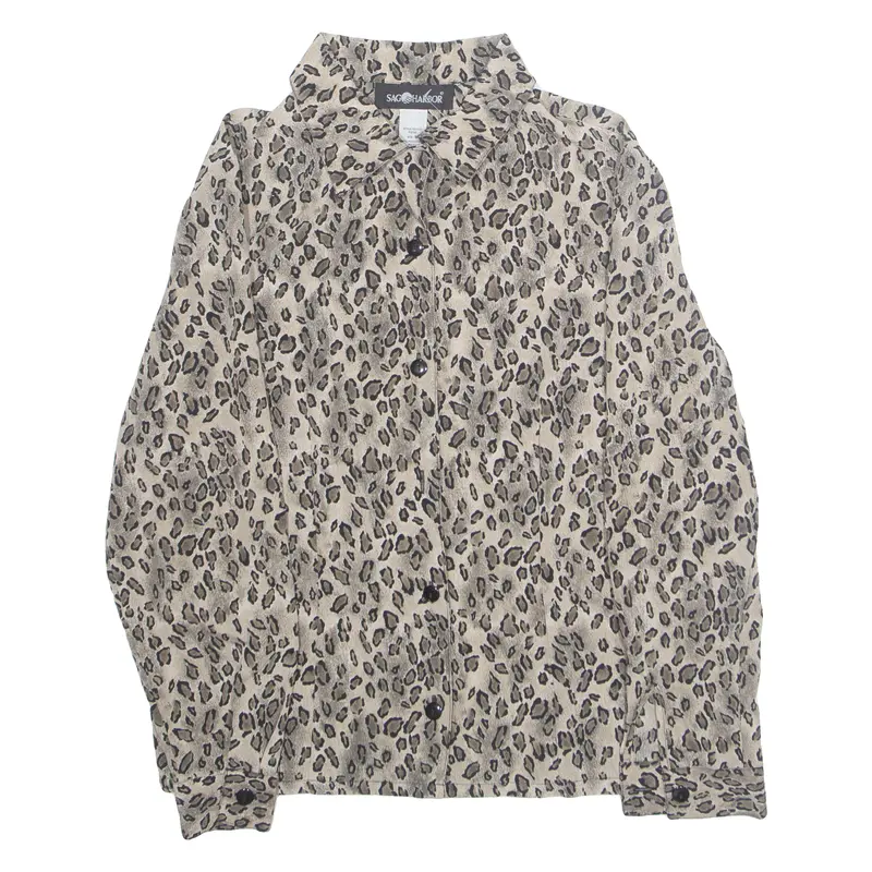 Sag Harbor Womens Printed Blouse Brown Collared Long Sleeve Animal Print S 1