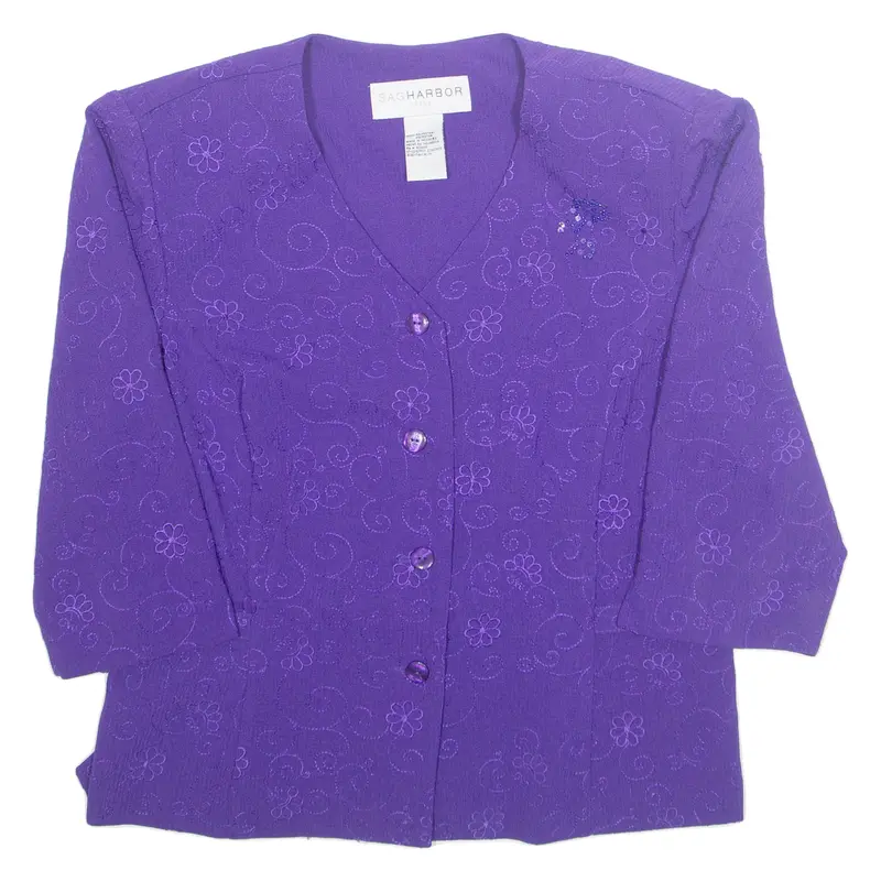Sag Harbour Button Up Womens Printed Blouse Purple V-Neck 3/4 Sleeve Floral M 1