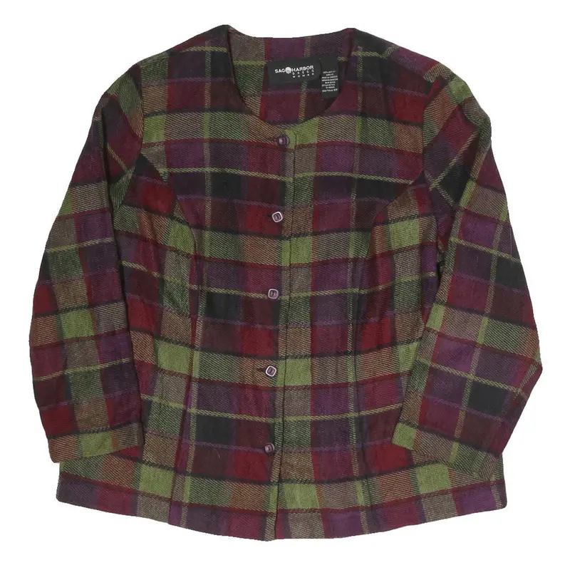 Sag Harbour Womens Red & Green Check Chore Jacket L Cotton Blend Woven Button 1