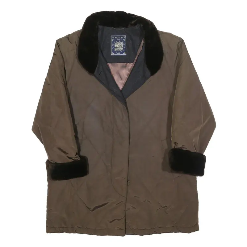 Schneiders Womens Brown & Black Quilted Button Jacket L Polyester Blend Fur Trim 1