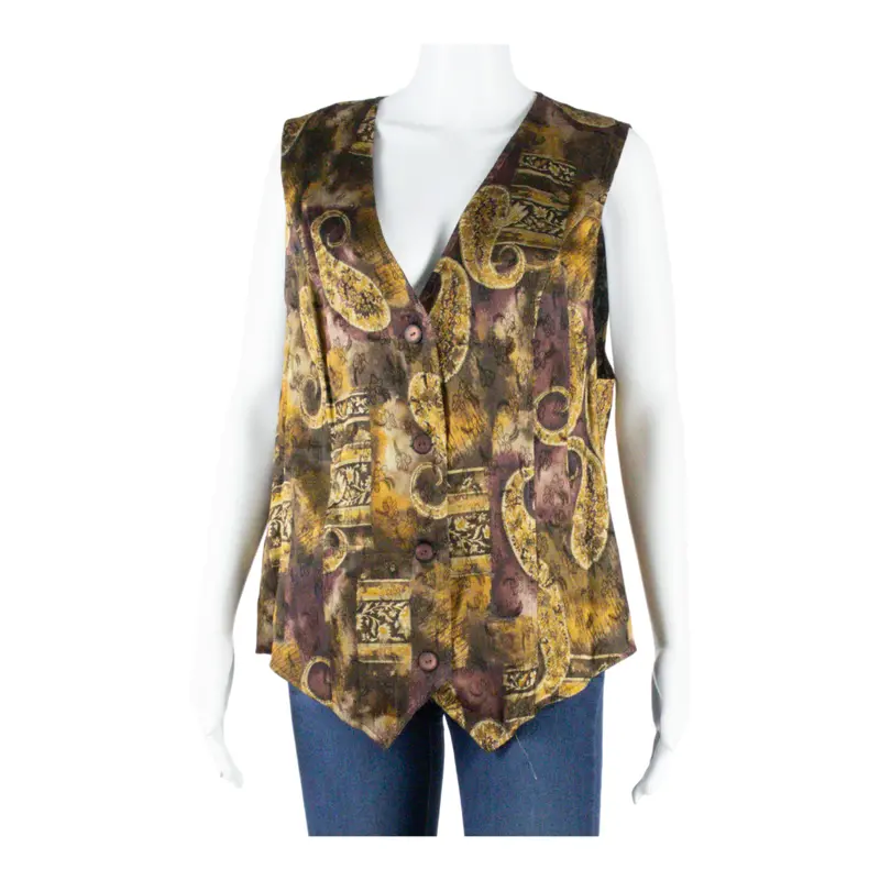 Seidel Moden Womens Waistcoat Brown V-Neck Sleeveless Viscose Crazy Pattern M 1