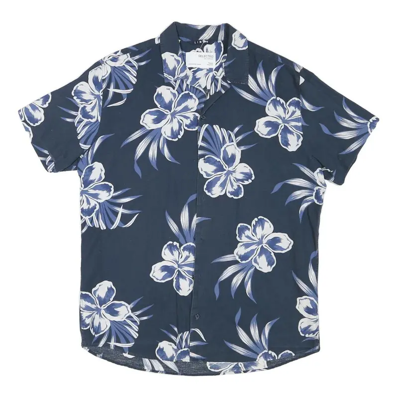 Selected Homme Mens Blue White Floral Print Linen Blend Shirt S Summer Casual 1