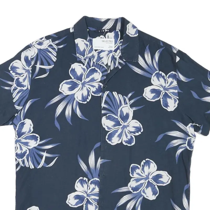 Selected Homme Mens Blue White Floral Print Linen Blend Shirt S Summer Casual 2