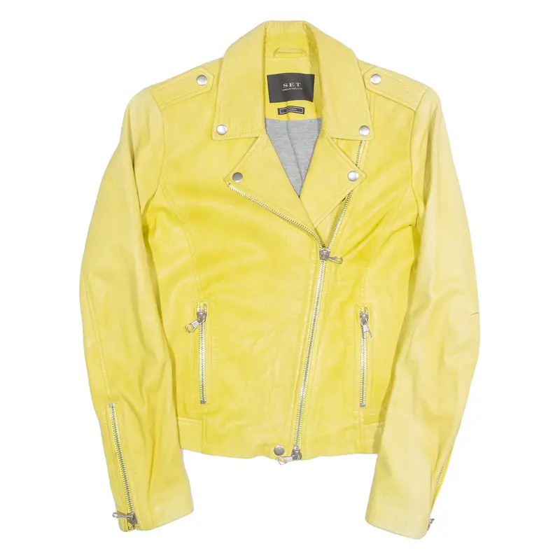 Set Womens Biker Jacket Yellow Leather Uk 10 1