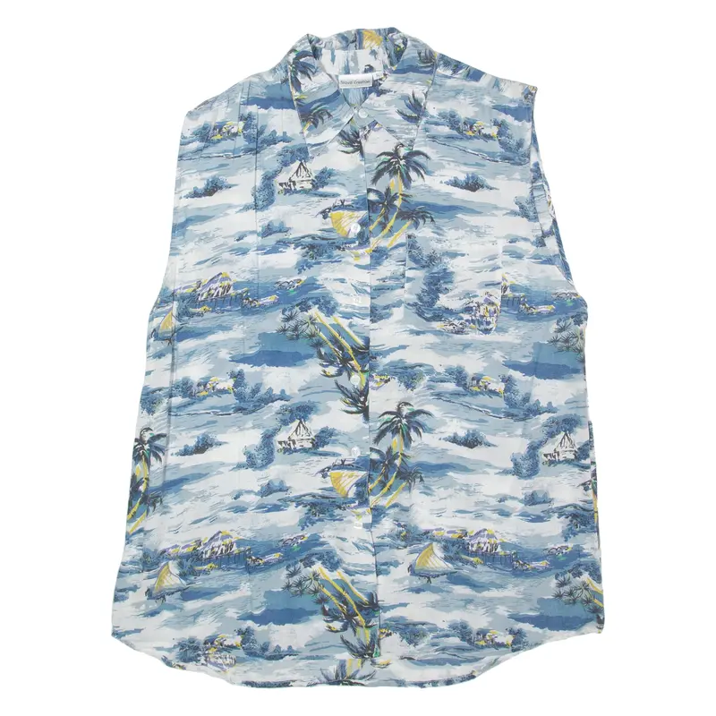 Shava Creation Womens Hawaiian Shirt Blue Viscose Crazy Pattern Sleeveless Xl 1