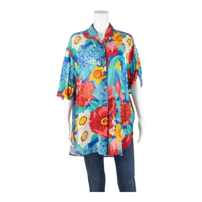 Sheer Womens Oversized Blouse Blue Floral S 1