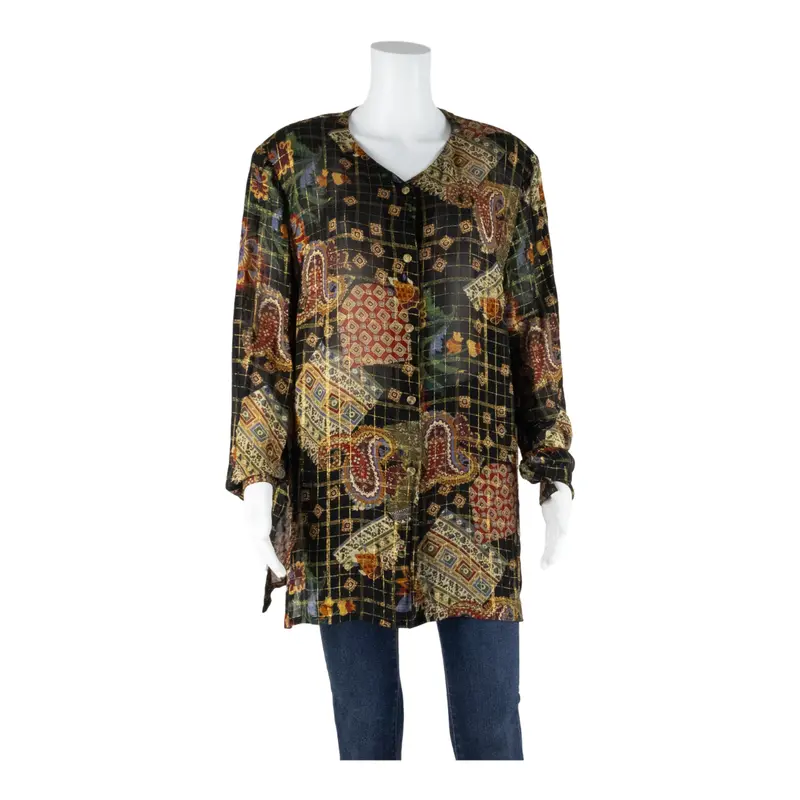 Sheer Womens Printed Blouse Black V-Neck Long Sleeve Crazy Pattern Uk 16 1
