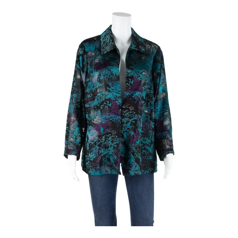 Sheer Womens Printed Blouse Blue V-Neck Long Sleeve Crazy Pattern Uk 18 1