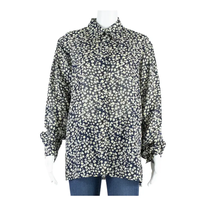 Sheer Womens Printed Shirt Blue Collared Long Sleeve Floral L 1