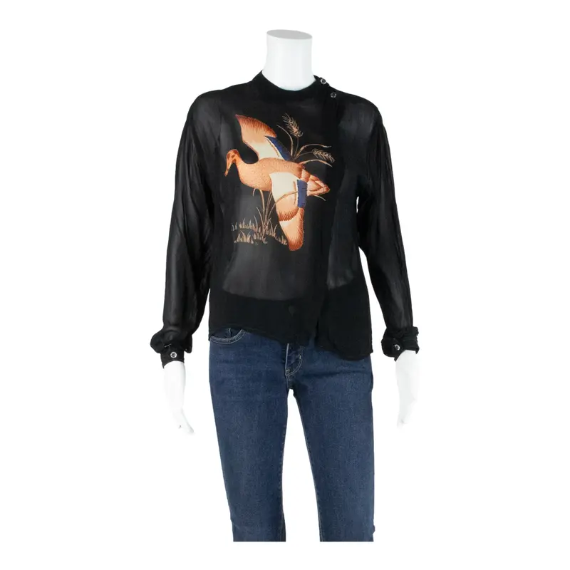 Sheer Womens Printed Top Black High Neck Long Sleeve Animal Print S 1