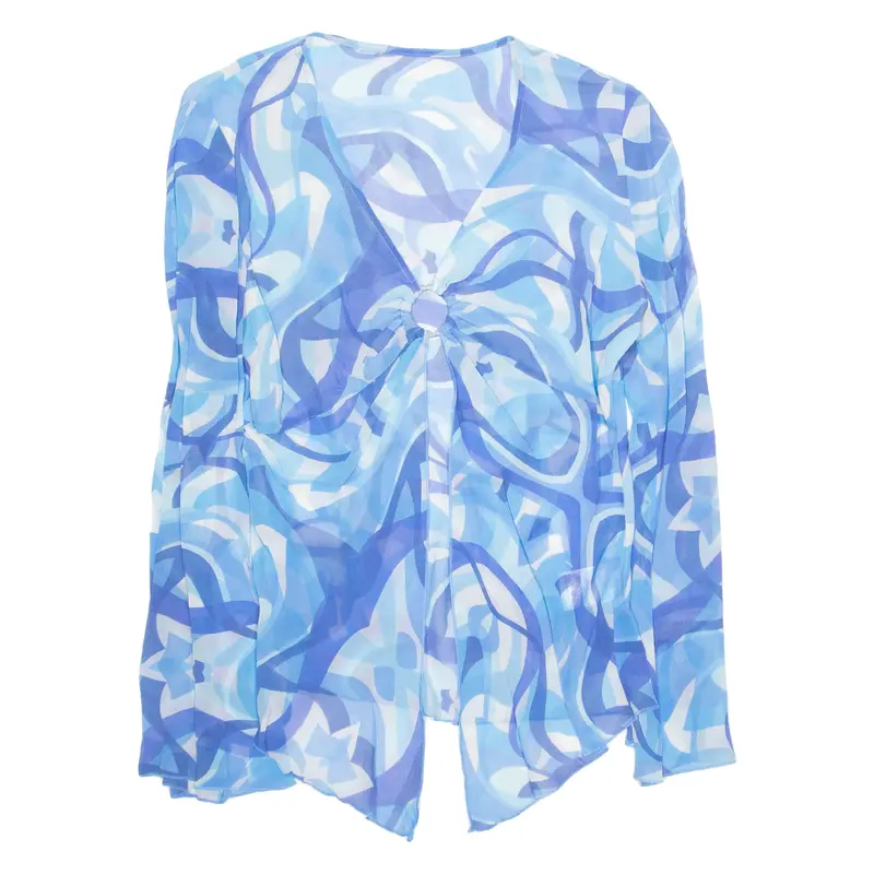 Sheer Womens Top Blue V-Neck Long Sleeve Uk 10 1
