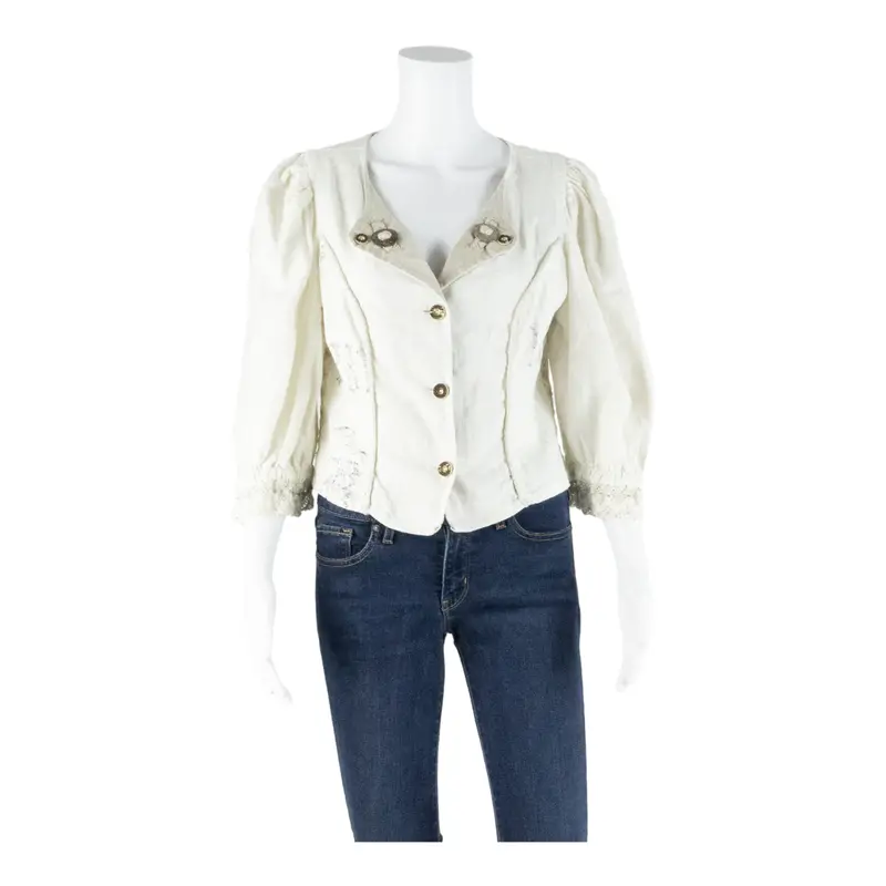 Siebenstein Womens Cropped Blouse Beige V-Neck 3/4 Sleeve M 1