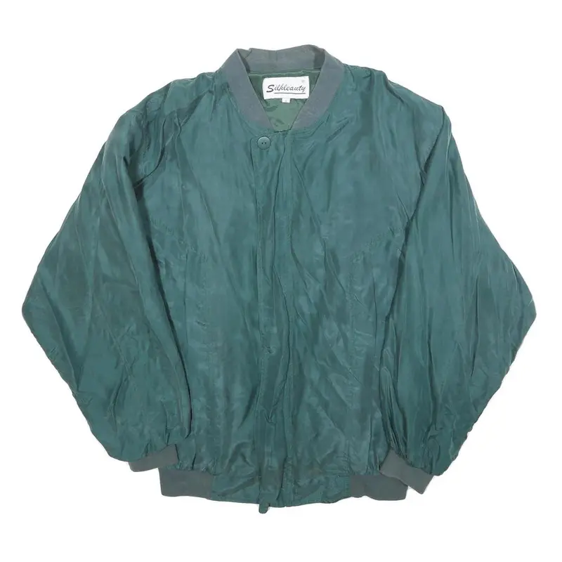 Silkbeauty Mens Green Silk Bomber Jacket S Woven Zip Closure Relaxed Fit 1