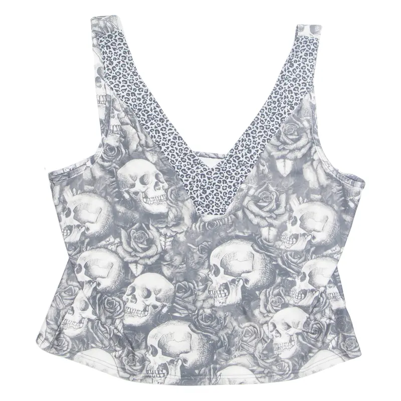 Skull Womens Printed Top Grey V-Neck Sleeveless Crazy Pattern 2Xl 1