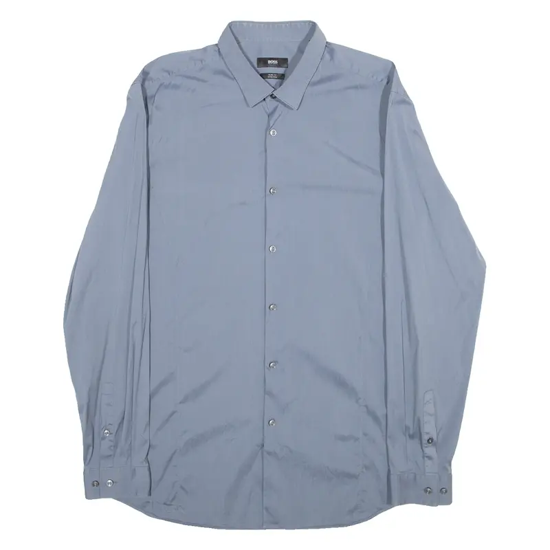 Slim Fit Stretch Mens Plain Shirt Blue Long Sleeve M 1