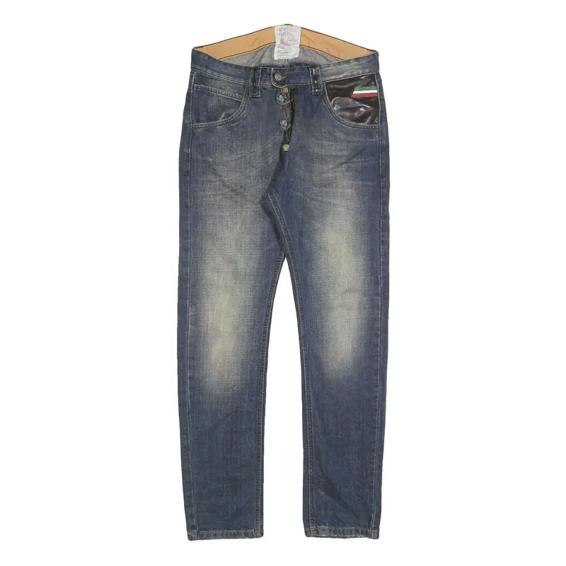 Smk Mens Slim Blue Denim Jeans W32 L32 Stylish Distressed With Leather Detail 1