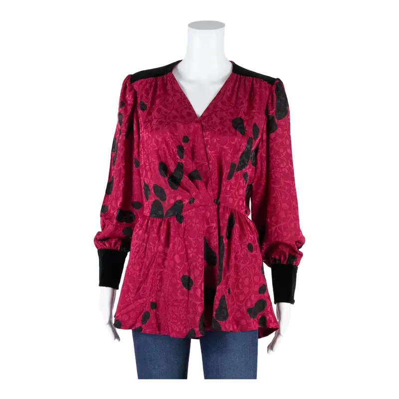 Smodell Peplum Womens Printed Blouse Pink Long Sleeve Polka Dot S 1