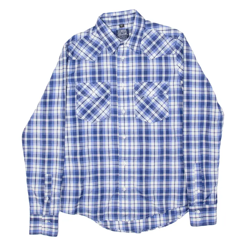 St Diego Mens Shirt Blue Check Long Sleeve M 1
