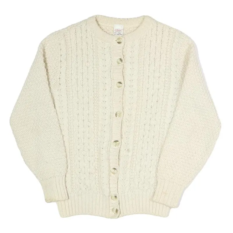 St Michael Womens Cream Button Up Cardigan Chunky Knit Plain Crew Neck S Wool 1