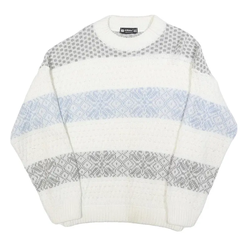 St Michaels Womens White Grey & Blue Patterned Chunky Knit Crew Neck Jumper M 1