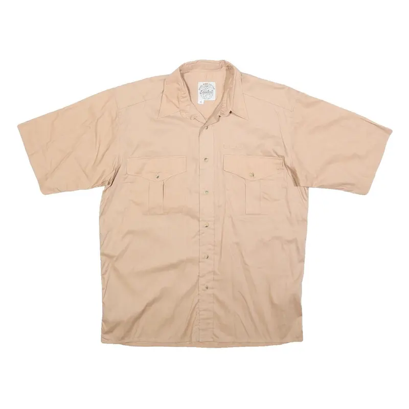 Stanford Mens Beige Cotton Short Sleeve Shirt L Button Pocket Casual Summer 1