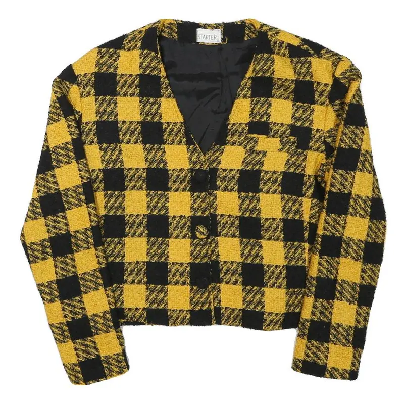 Starter Womens Yellow & Black Check Button Jacket M Polyester Blend Cropped Fit 1