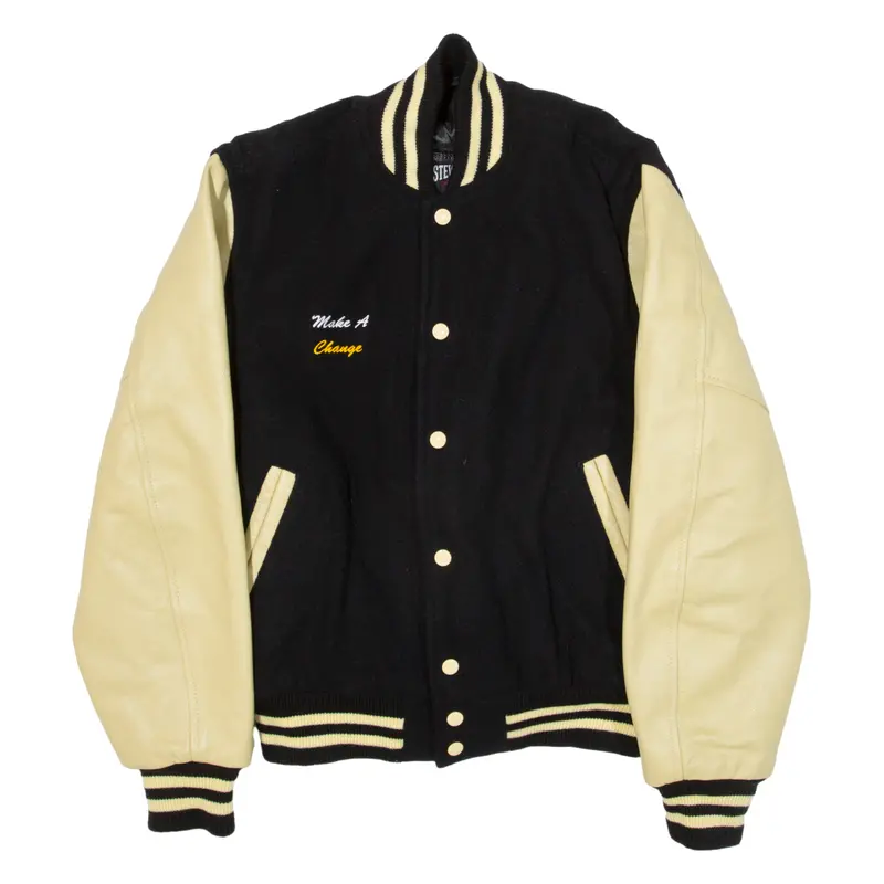 Stewart & Strauss Make A Change Quilted Lined Mens Varsity Jacket Black Knit Wool S 1