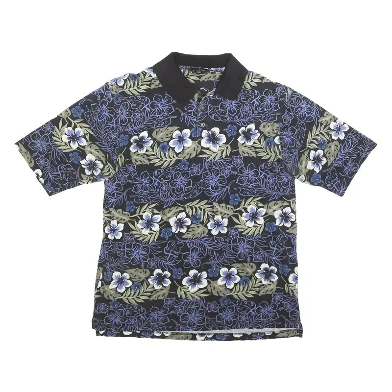 Straight Down Mens Black Blue Green Floral Short Sleeve Polo Shirt M Cotton 1