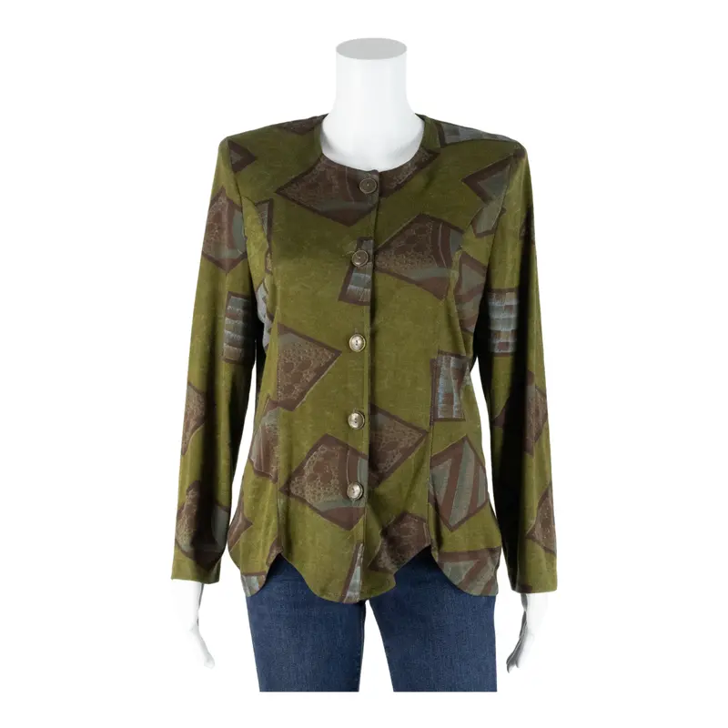 Stretch Button Up Womens Printed Shirt Green 90S Crazy Pattern M 1