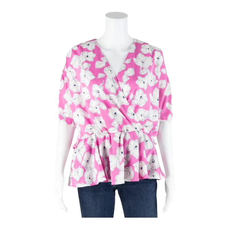 Stretch Peplum Womens Printed Blouse Pink Floral L 1