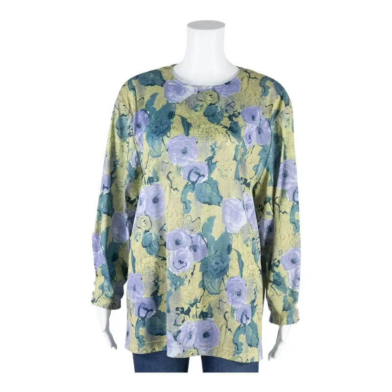 Stretch Womens Printed Top Green 3/4 Sleeve Floral L 1