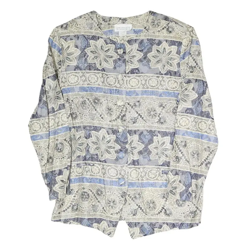 Studio C Womens Blue & Grey Floral Pattern Coach Jacket L Polyester Blend Woven 1